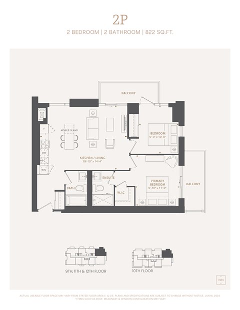 Floor plan for 2 beds, 2 baths, 822 sqft